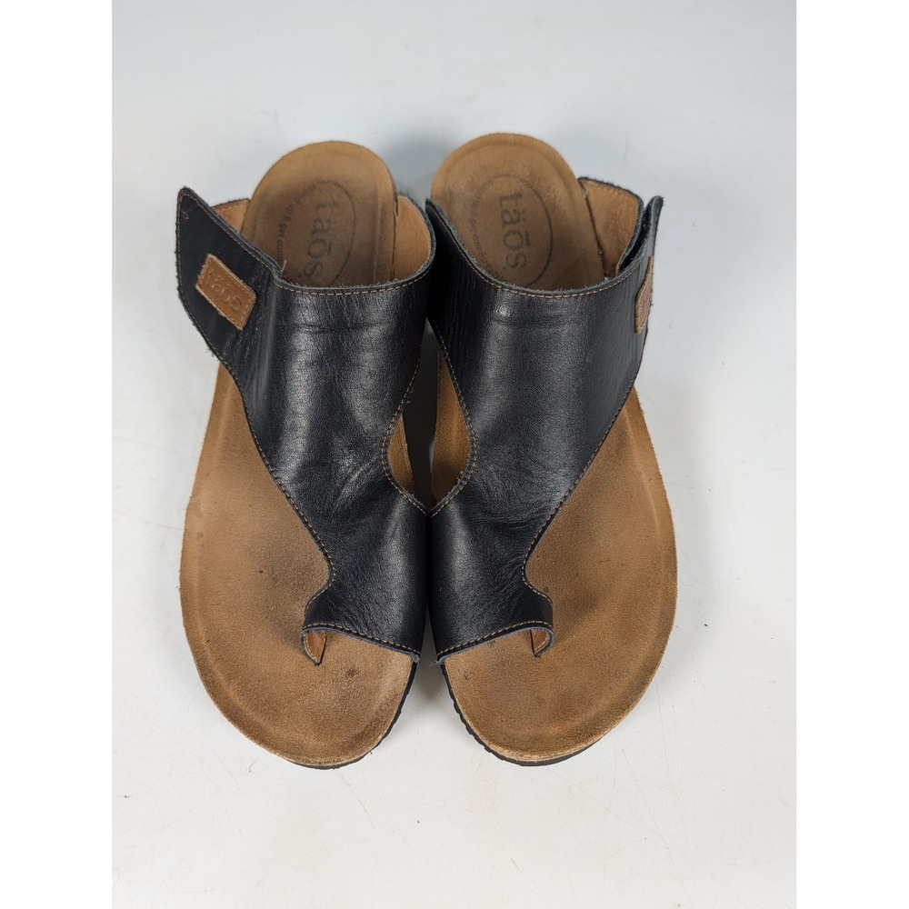 Taos Women Black Leather Toe Loop Slide Sandals Size 9-9.5 EUR 40 Made in Spain